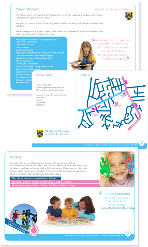 Greswell Primary School Prospectus Design with Designed Bespoke inserts, promo flyers and bookmarks